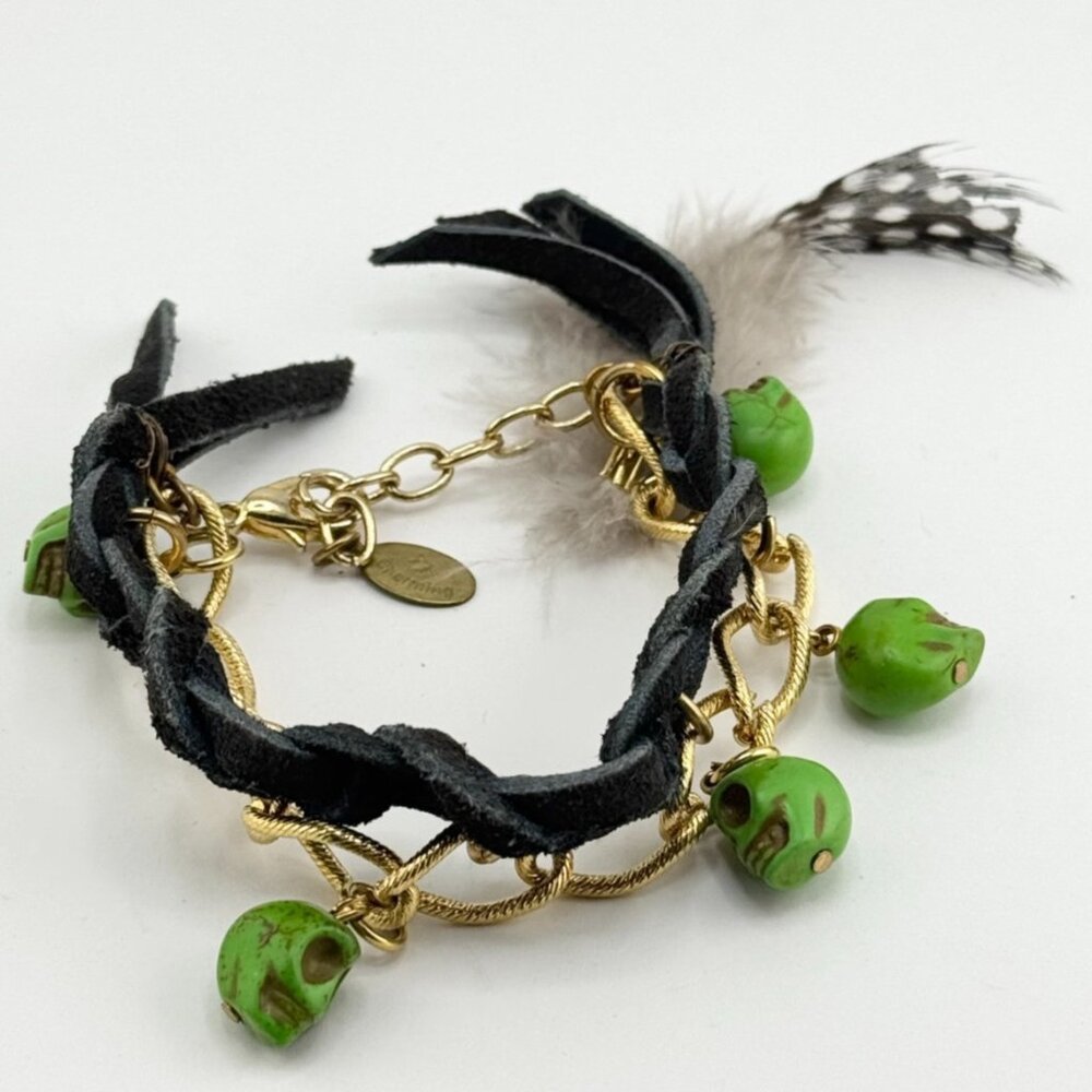 Vintage suede braided Halloween green Howlite stone skull charm bracelet